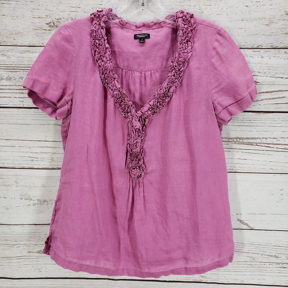 Talbots Women's Purple 100%Linen Ruffled Short Sleeve Top Size 4